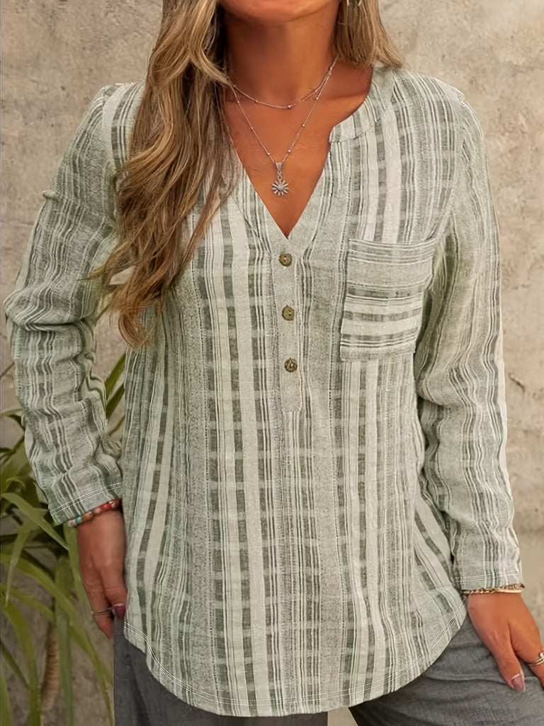 elveswallet  Plus Size Casual Blouse, Women's Plus Striped Print Long Sleeve Button Up Notched Neck Pocketed Shirt Top