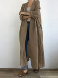 Solid Open Front Belted Overcoat, Versatile Long Sleeve Pockets Maxi Length Coat , Women's Clothing