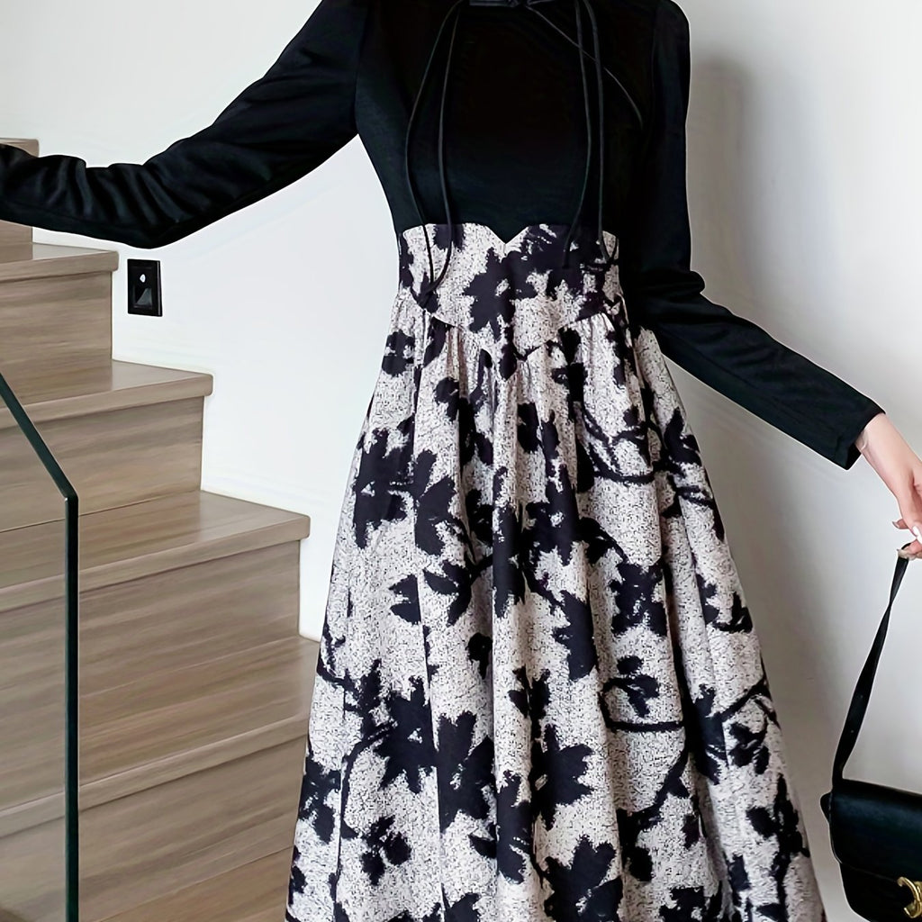 elveswallet  Floral Print Splicing Dress, Elegant Long Sleeve Midi Dress, Women's Clothing
