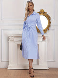 elveswallet  Stiped Tie Waist Shirt Dress, Versatile Long Sleeve Split Dress For Spring & Fall, Women's Clothing