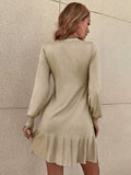 elveswallet  Solid Ruffle Hem Dress, Elegant V Neck Long Sleeve Dress, Women's Clothing
