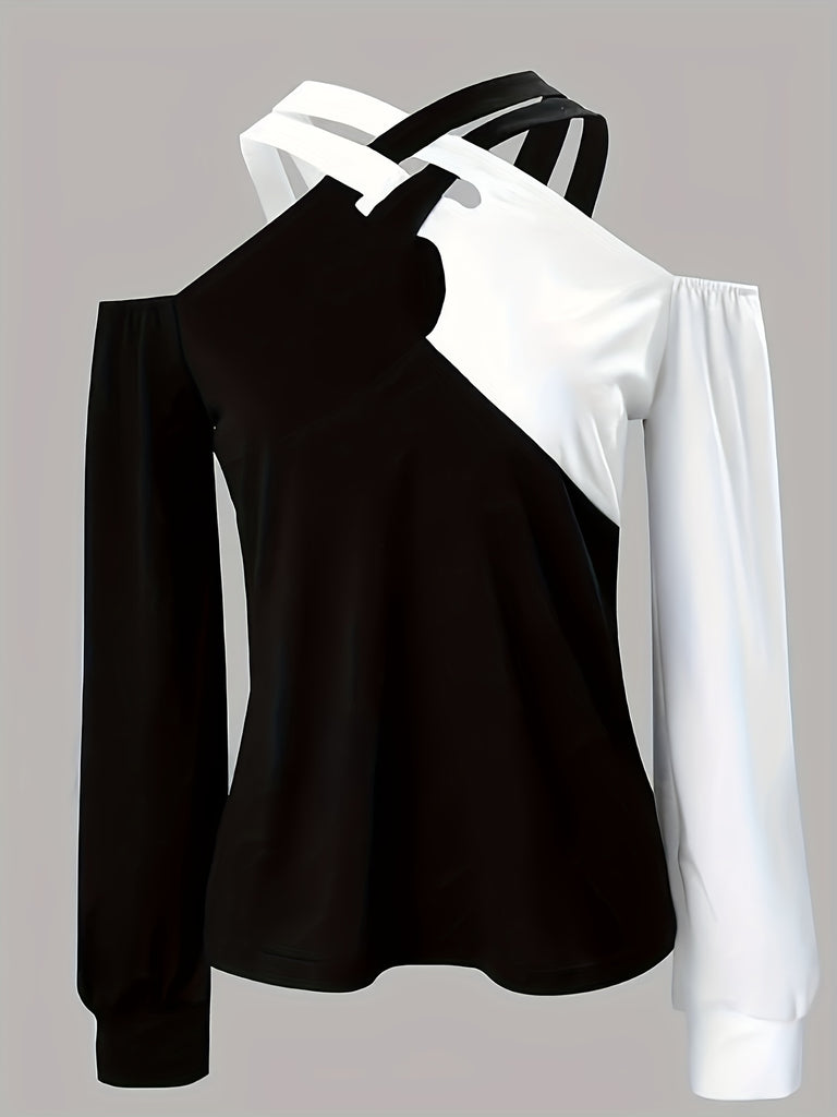 elveswallet  Plus Size Casual T-shirt, Women's Plus Colorblock Criss Cross Cut Out Cold Shoulder T-shirt