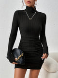 Chain Turtleneck Ribbed Dress, Casual Long Sleeve Bodycon Dress, Women's Clothing