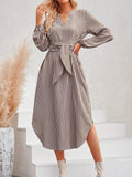 elveswallet  Striped Print Notched Neck Belted Dress, Casual Long Sleeve Midi Dress For Spring & Fall, Women's Clothing