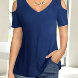 elveswallet  Cold Shoulder V Neck T-Shirt, Casual Short Sleeve T-Shirt For Spring & Summer, Women's Clothing