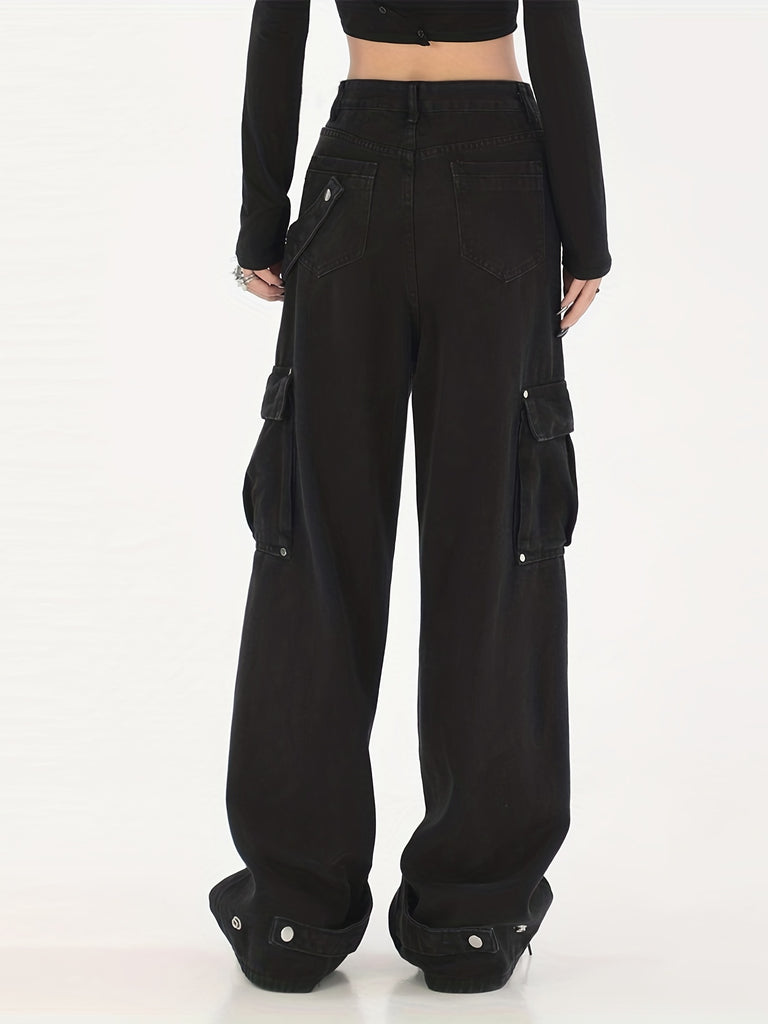 elveswallet  Black Flap Pockets Cargo Pants, Loose Fit Non-Stretch Straight Jeans, Y2K & Kpop Style, Women's Denim Jeans & Clothing