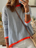 elveswallet  Women's Sweater Contrast Striped Crew Neck Side Stripe Pullovers