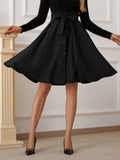 elveswallet  Solid Paper Bag Waist Belted Ruffled Hem Skirts, Elegant Loose Button Mid Length Skirts, Women's Clothing