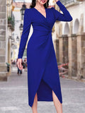 Solid Surplice Neck Wrap Dress, Elegant Long Sleeve Twist Front Dress For Spring & Fall, Women's Clothing