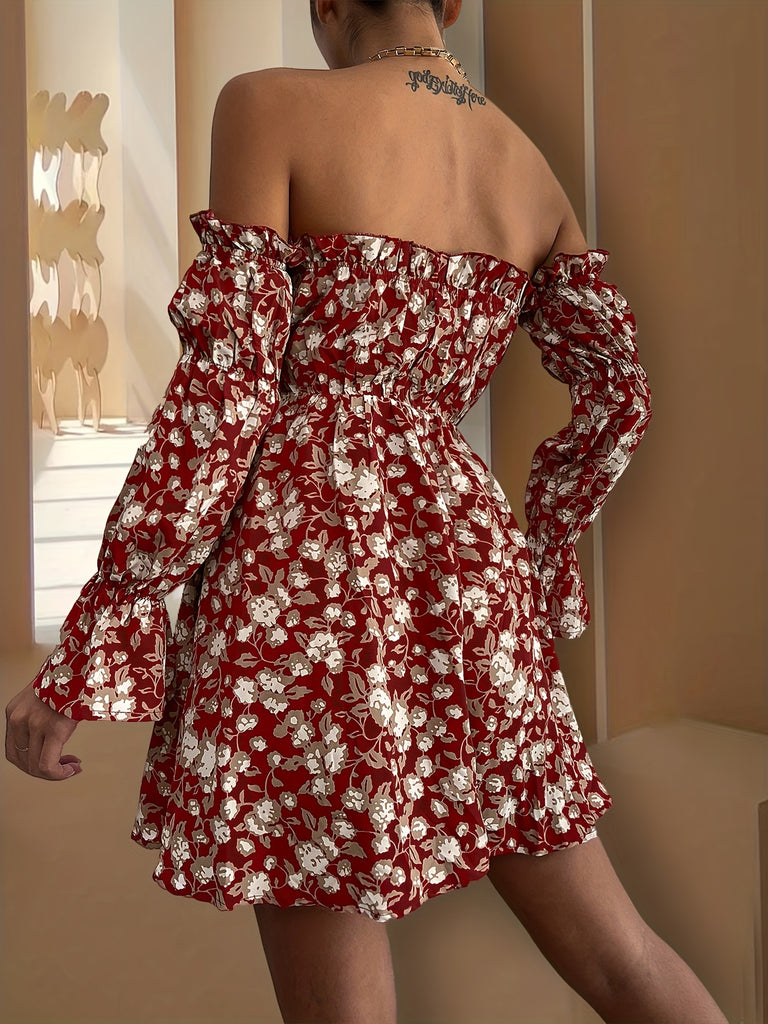 Floral Print Lettuce Trim Dress, Elegant Off Shoulder Long Sleeve Dress, Women's Clothing