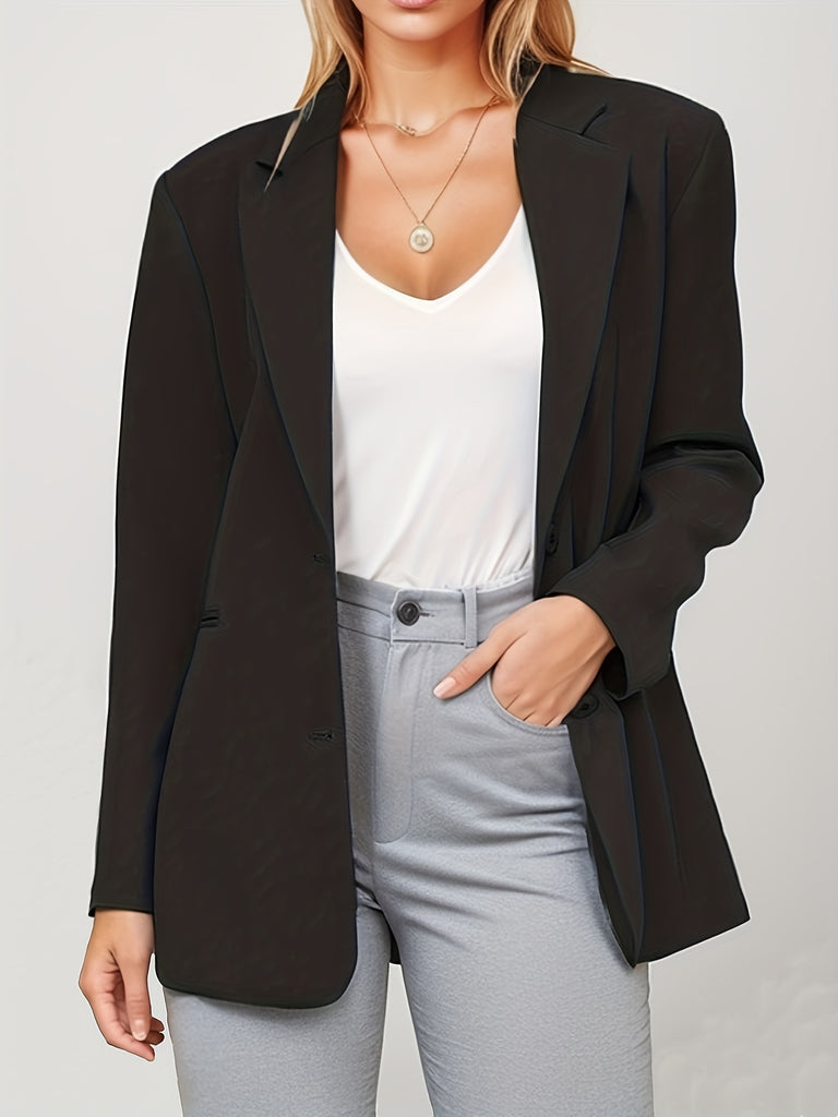 elveswallet  Button Front Notched Collar Blazer, Business Casual Long Sleeve Blazer, Women's Clothing