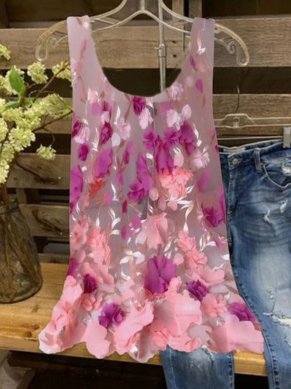 Floral Sleeveless Printed Polyester Crew Neck Elegant Summer Top