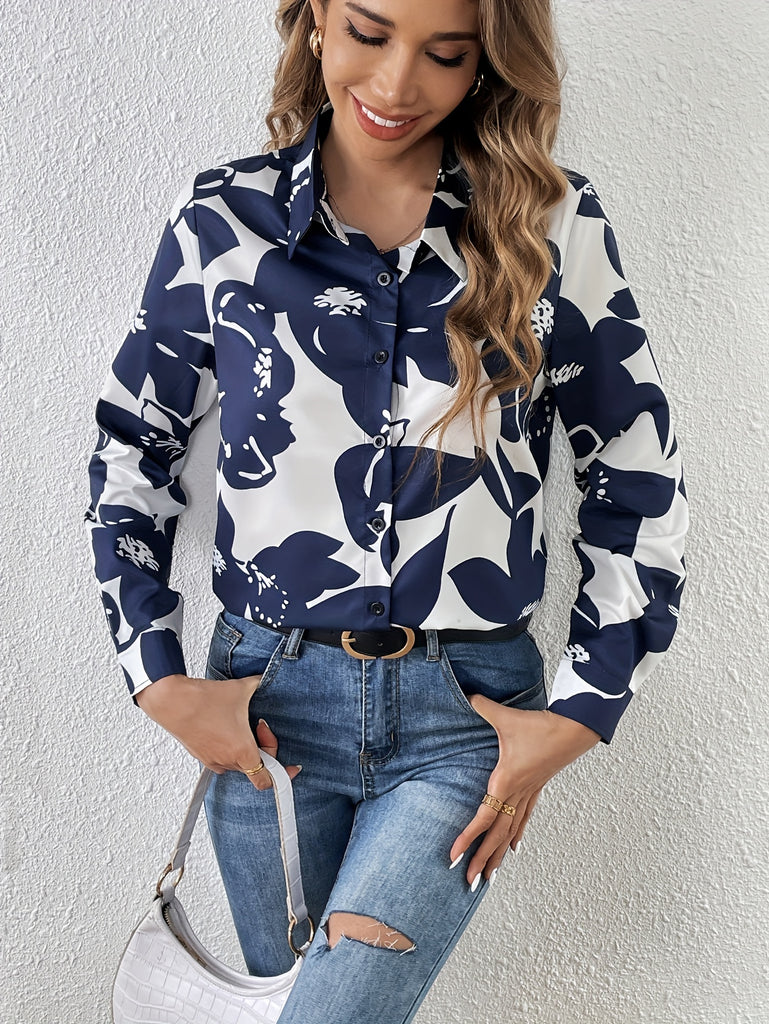 elveswallet  Floral Print Button Shirt, Casual Long Sleeve Shirt For Spring & Fall, Women's Clothing