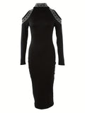 Cold Shoulder High Neck Dress, Elegant Long Sleeve Bodycon Party Dress, Women's Clothing