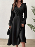 elveswallet  Twist Front Solid Dress, Elegant V Neck Lantern Long Sleeve Dress, Women's Clothing