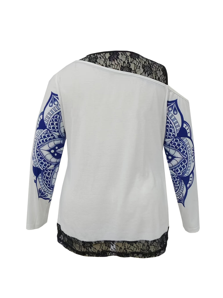 Plus Size Casual T-shirt, Women's Plus Skull & Mandala Print Contrast Lace Cold Shoulder Long Sleeve Slight Stretch T-shirt