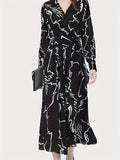 Abstract Print Surplice Neck Dress, Casual Long Sleeve Midi Dress, Women's Clothing