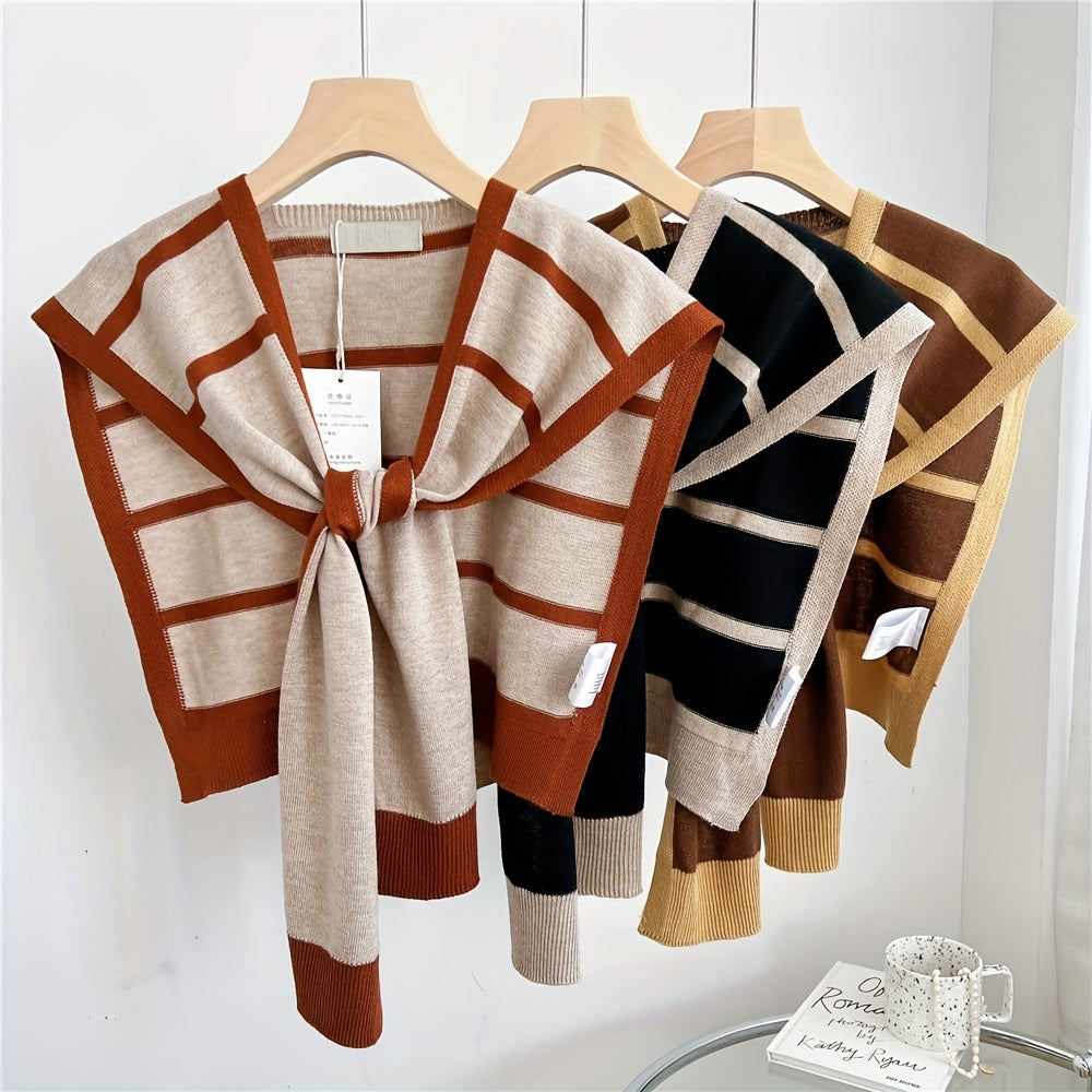 Classic Striped Knitted Shawl Elegant Warm Wrap Long Sleeve Lace Up Cape Causal Windproof Shawls False Collar For Women