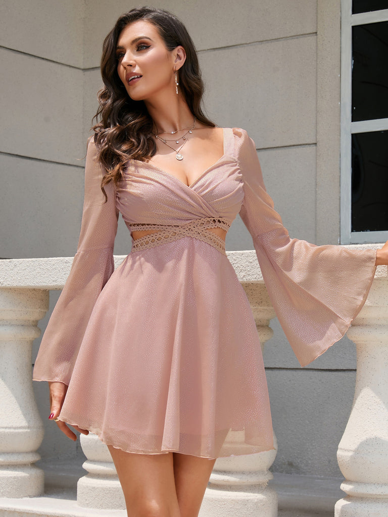 Guipure Lace Panel Cut Out Sweetheart Neck Flounce Sleeve Dress