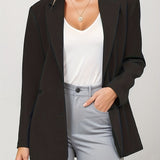 elveswallet  Button Front Notched Collar Blazer, Business Casual Long Sleeve Blazer, Women's Clothing