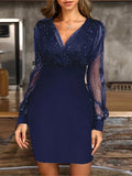 Solid Sequin Stitching Lace Long Sleeve Dress, Elegant Mesh Slim Sexy Party Dress, Women's Clothing