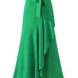 elveswallet  Plus Size Elegant Skirt, Women's Plus Tie Front Ruffle Trim Wrap Hem Solid Maxi Skirt