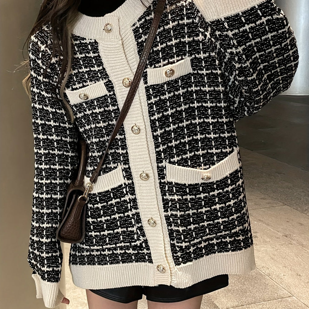 Preppy Plaid Pattern Button Up Pocket Cardigan, Casual Long Sleeve Cardigan For Fall & Winter, Women's Clothing
