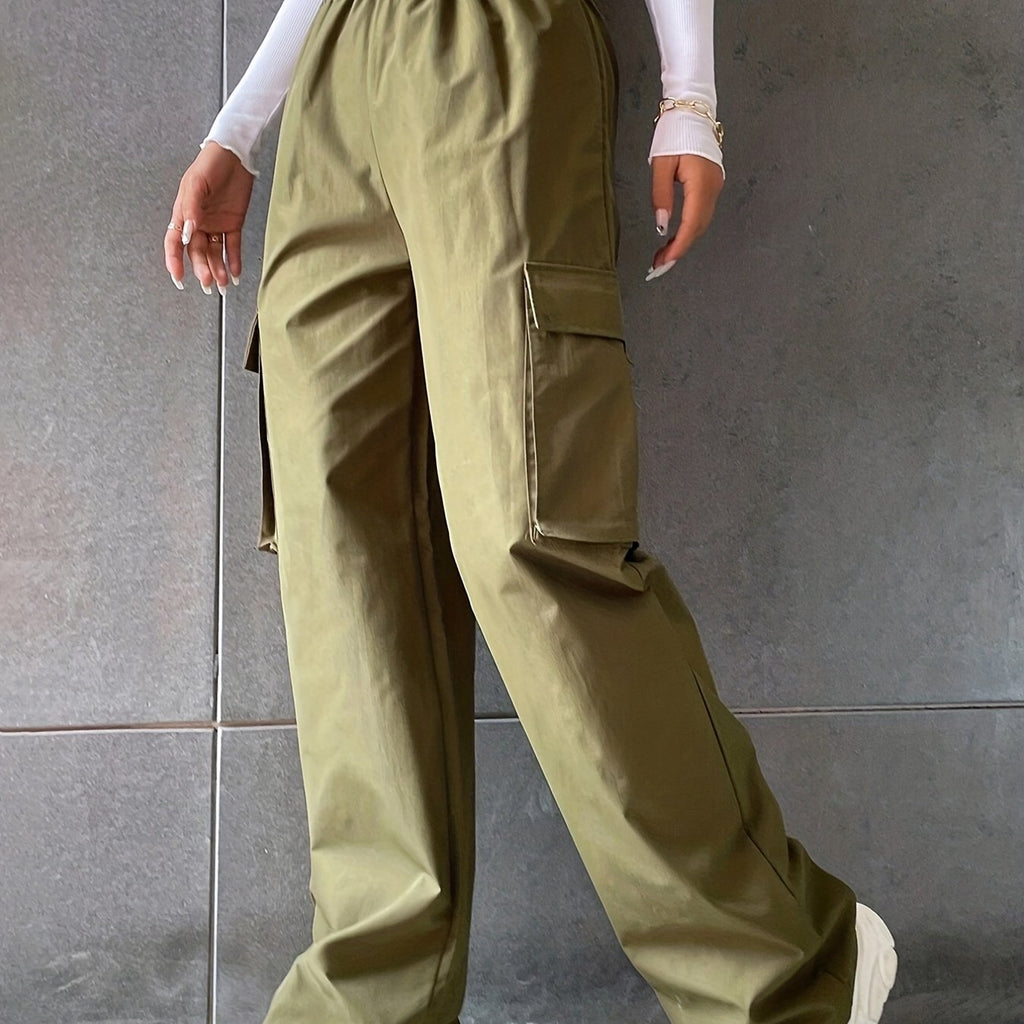 elveswallet  Flap Pockets Wide Leg Cargo Pants, Casual Stirred Waist Pants For Spring & Summer, Women's Clothing