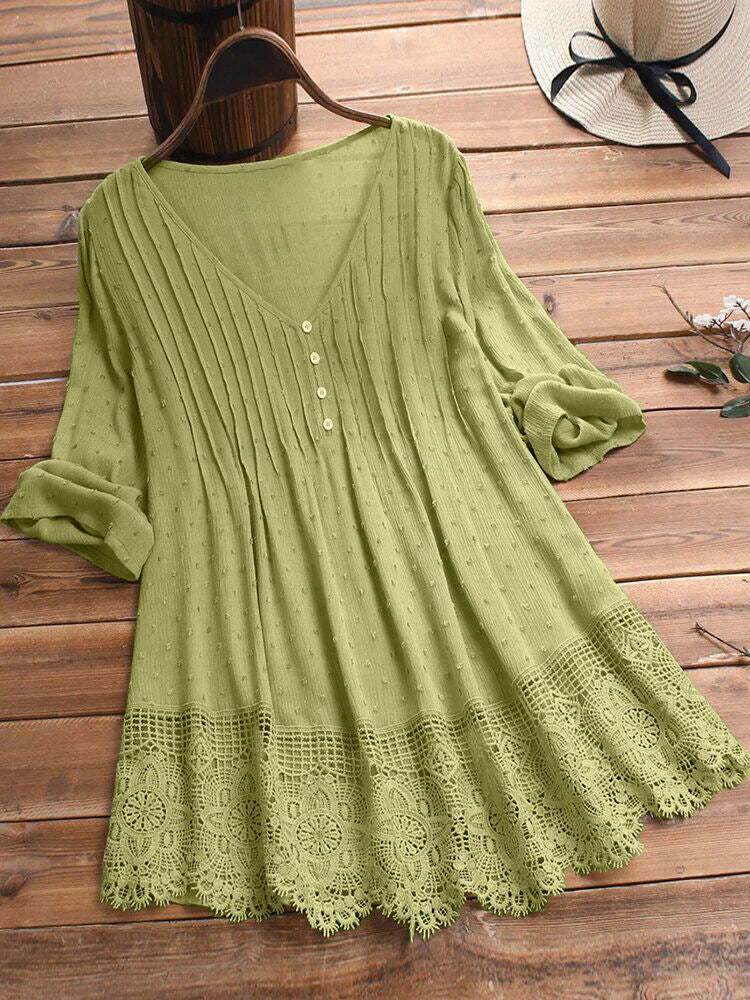 Casual V Neck Stitching Lace Women's Linen Top