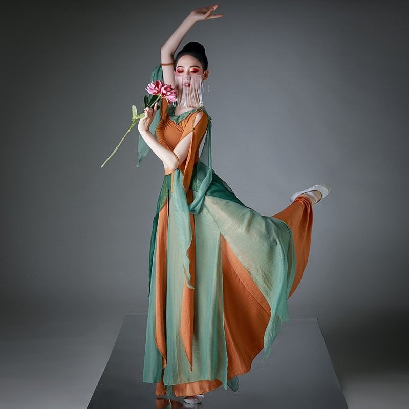 Dunhuang flying dance suit fairy elegant sequined trouser skirt classical dance practice suit folk dance gauze performance suit