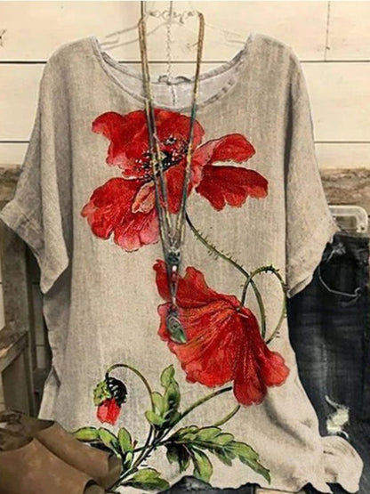 Elveswallet Crew Neck Floral Casual Red Flower Batwing Sleeve Slit Tops