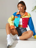 elveswallet  Colorblock Raw Hem Denim Jackets, Long Sleeves Patchwork Street Style Lapel Denim Coats, Women's Denim Clothing