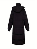 Hooded Mid Length Warm Coat, Casual Solid Long Sleeve Winter Outerwear, Women's Clothing