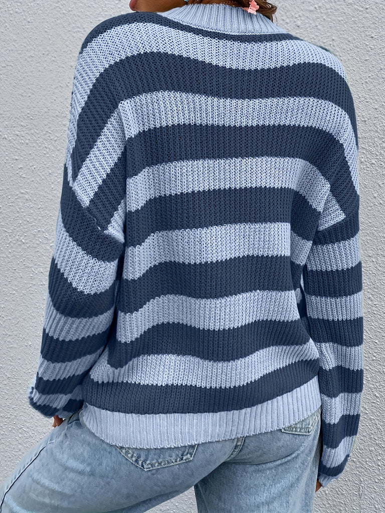 Striped Crew Neck Pullover Sweater, Casual Long Sleeve Drop Shoulder Sweater, Women's Clothing