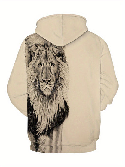 Plus Size Men's 3D Lion Print Hooded Jacket Oversized Hoodie With Zipper For Autumn/winter, Men's Clothing