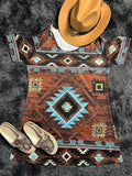 elveswallet  Aztec Print Cold Shoulder Dress, Vintage Scoop Neck Western Style Mini Dress, Women's Clothing