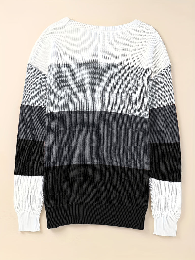elveswallet  Striped Pattern Knitwear Tops, Crew Neck Long Sleeve Pullover Sweaters, Color Block Shirts, Women's Clothing