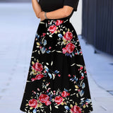 elveswallet  Plus Size Ombre Print Cold Shoulder Maxi Dress, Women's Plus Slight Stretch Elegant Short Sleeve Long Prom Dress