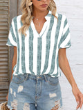 elveswallet  Stripe Print V Neck Blouse Top, Casual Short Sleeve Tops, Women's Clothing