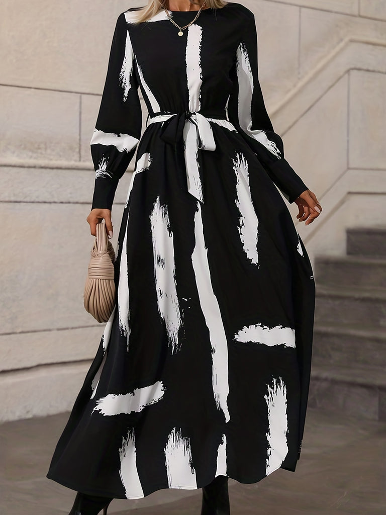 elveswallet  Brush Print Keyhole Dress, Elegant Long Sleeve Maxi Dress, Women's Clothing