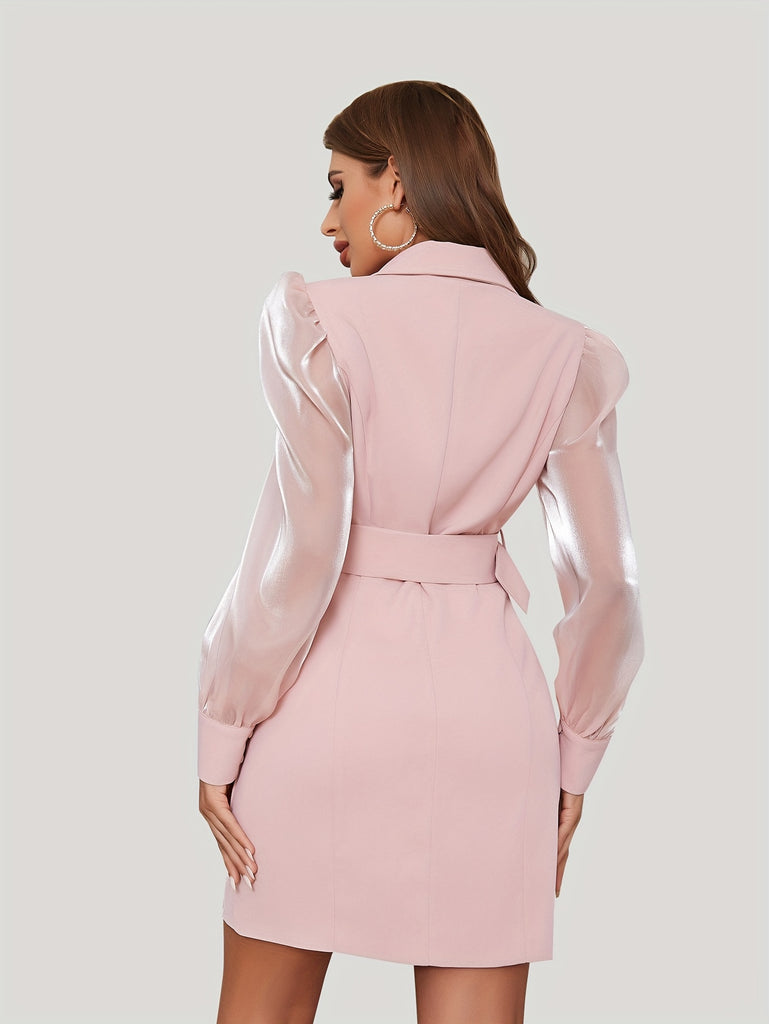 elveswallet  Contrast Mesh Blazer Dress, Elegant Long Sleeve Lapel Dress, Women's Clothing