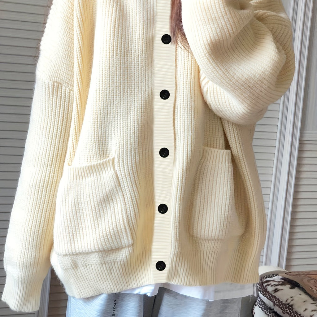 elveswalletSolid Button Up Loose Knit Cardigan, Cute Long Sleeve Sweater With Pocket, Women's Clothing