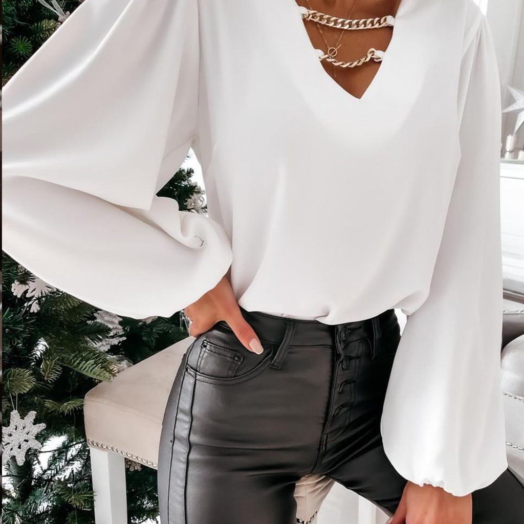 elveswallet  Women's Fashion Elegant V-Neck Chain Solid Color Evening Party Prom Long Sleeve Blouse