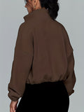 Solid Drawstring Zip-up Sweatshirt, Casual Long Sleeve Lapel Sweatshirt For Fall & Winter, Women's Clothing