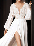 Contrast Floral Lace Plunging Wedding Dress, Elegant Lantern Sleeve Split Maxi Dress For Wedding Party, Women's Clothing