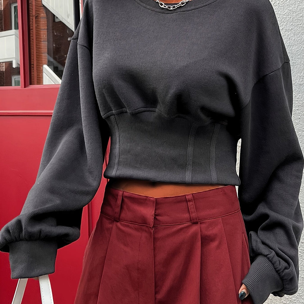 Drop Shoulder Cinched Waist Sweatshirt, Stylish Long Sleeve Crew Neck Sweatshirt For Fall & Winter, Women's Clothing