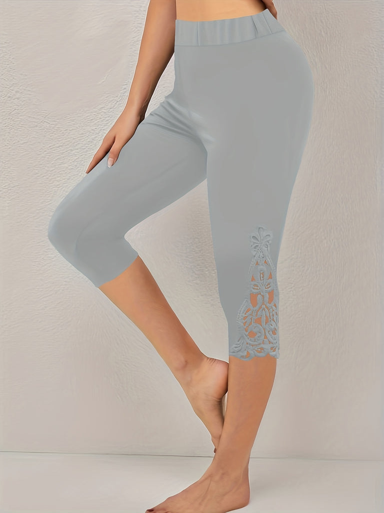 elveswallet  Guipure Lace Capri Pants, Casual Solid High Waist Slim Pants, Women's Clothing