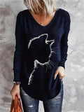 Plus Size Casual T-shirt, Women's Plus Cat Print Long Sleeve V Neck Slight Stretch Top