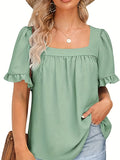 Squared Neck Ruffle Trim Blouse, Casual Solid Short Sleeve Blouse, Women's Clothing