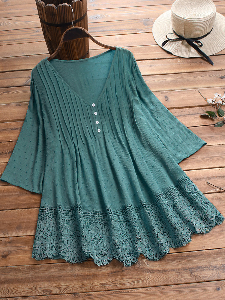 Casual V Neck Stitching Lace Women's Linen Top